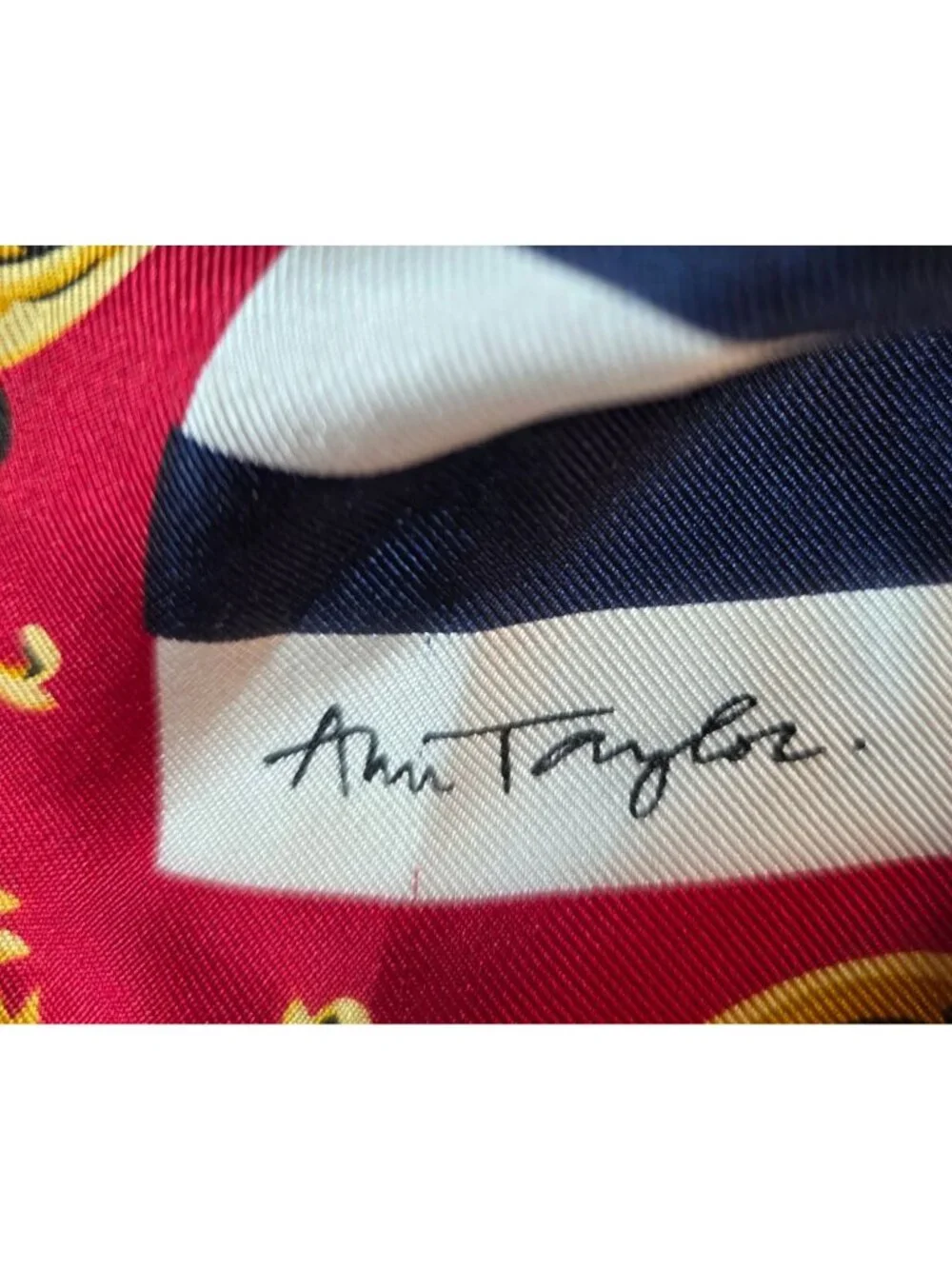 Ann Taylor Silk Scarf Red Gold Ornate Border Navy Stripes Made In Japan Vtg